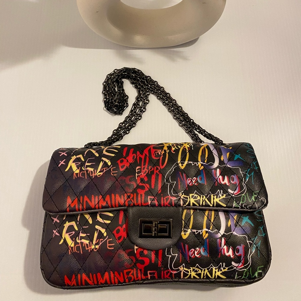 Women Quilted Crossbody Graffiti Clutch Purse Handbag Shoulder Bags